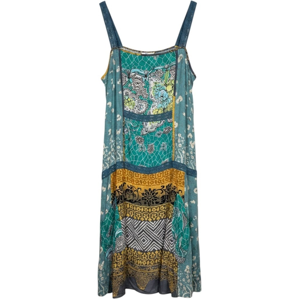 Anthropologie Tiny Mixed Print Boho Mini Dress Teal Yellow Lace Trim XS #Boho